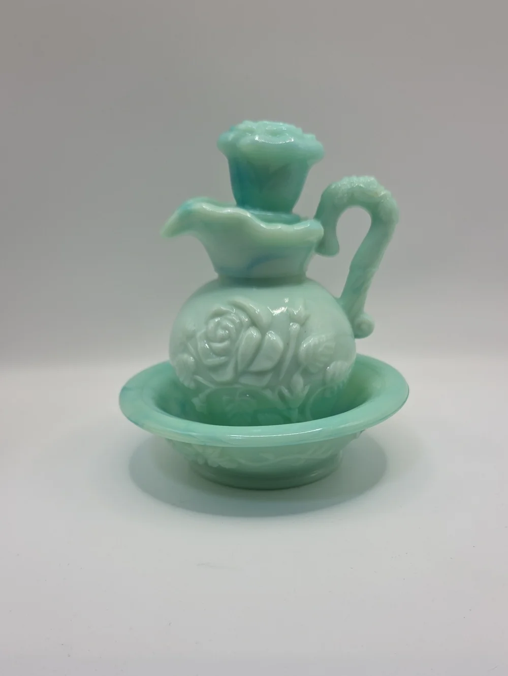 Avon Victorian Rose Milk Glass Pitcher And Bowl Teal Vintage